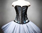 Size Medium Burlesque Corset Black and Blue tulle dress OOAK with artwork by the Root 222 Crew Ready to Ship