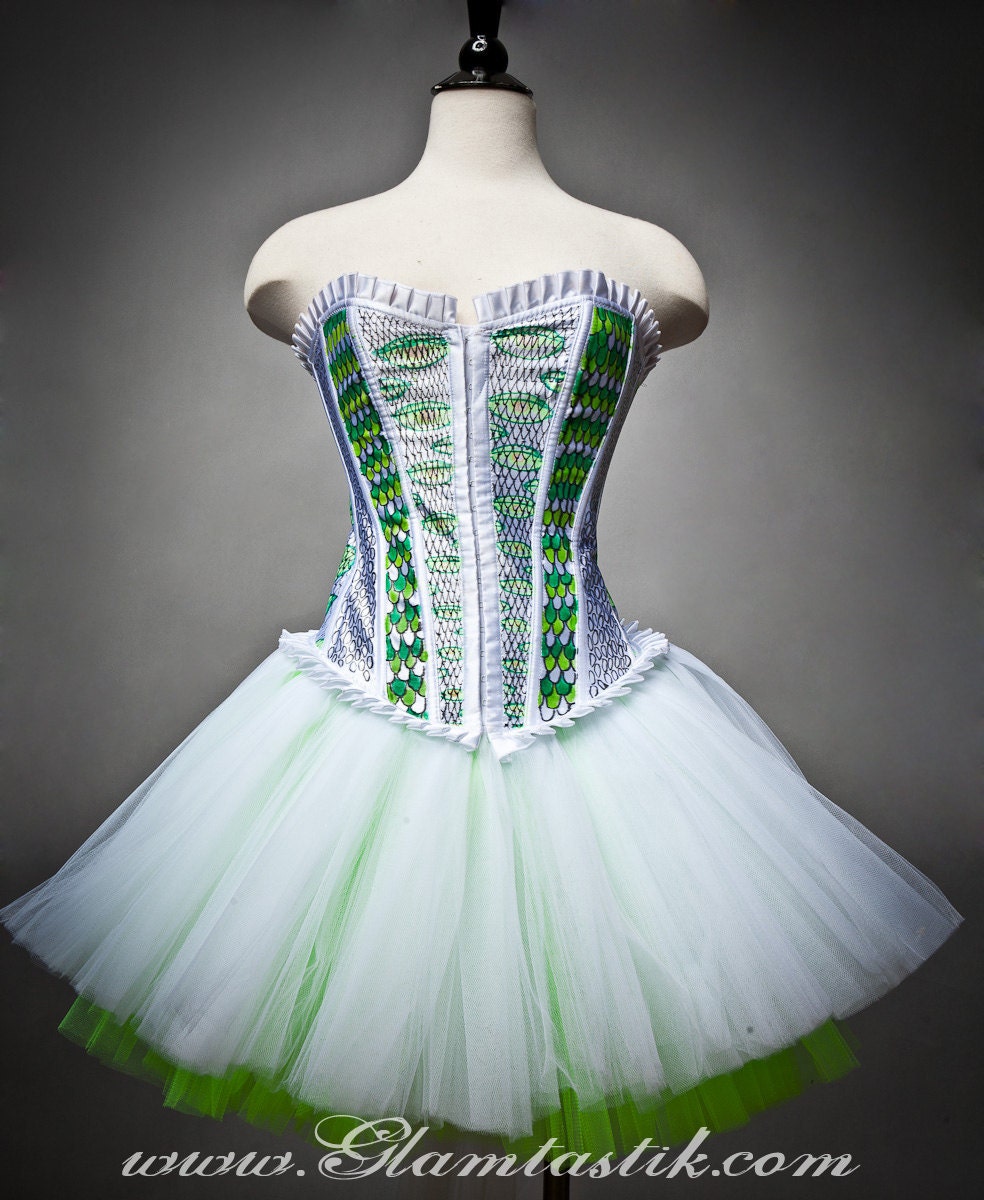 Size Medium Burlesque Corset Green and White Snake tulle dress OOAK with artwork by the Root 222 Crew Ready to Ship
