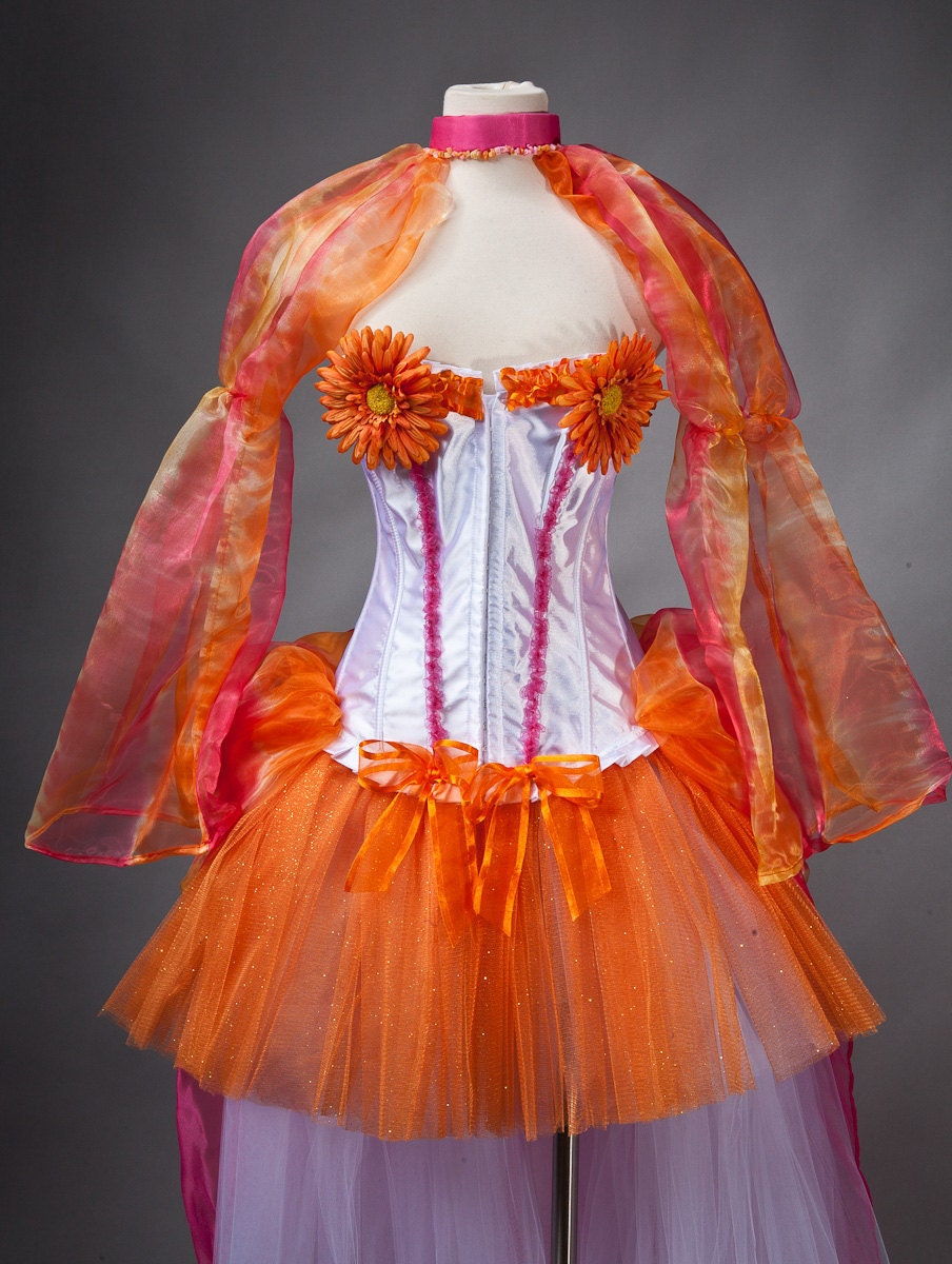 Size medium Flower Power Orange white and pink tutu Burlesque Corset prom dress OOAK Ready to Ship