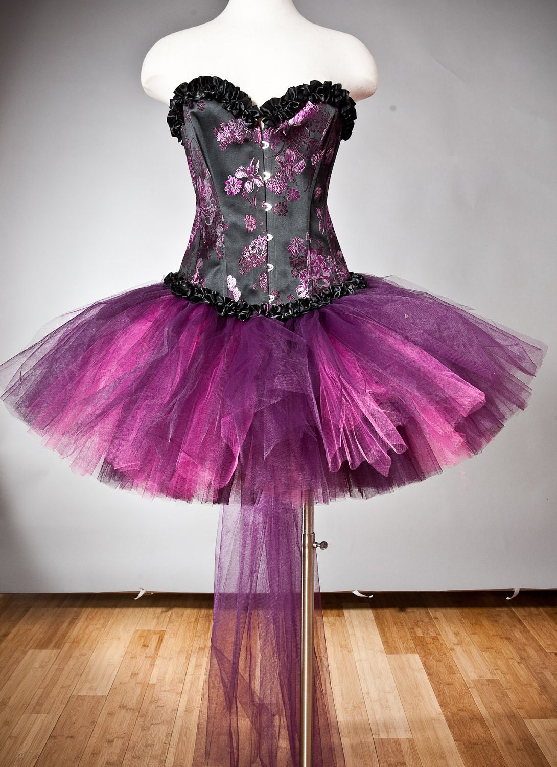 Custom Size Black and purple and pink floral brocade burlesque corset prom dress with tulle skirt