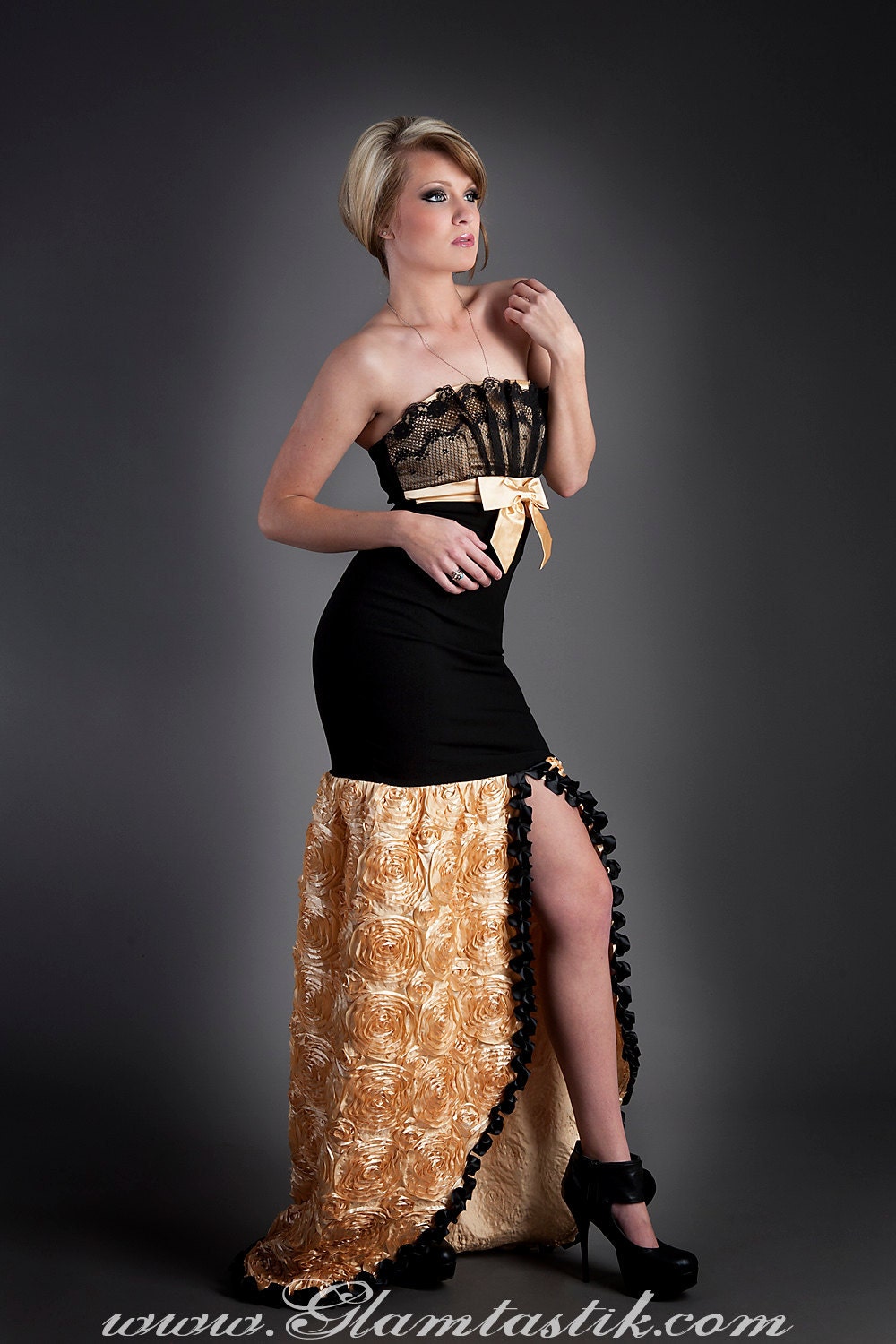 Size small Black and Gold Rose satin and lace mermaid style tulle prom dress ready to ship OOAK
