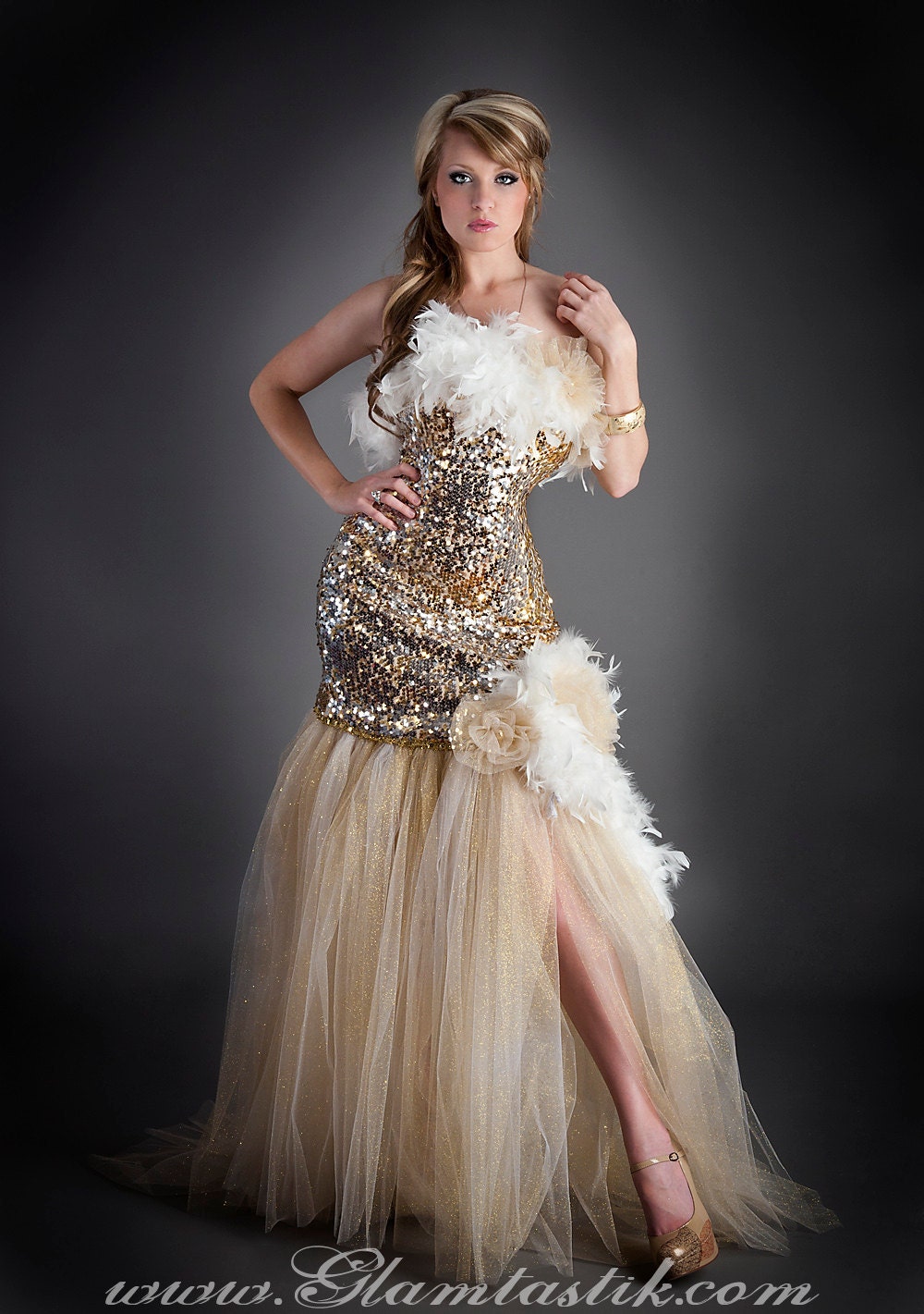 Size Medium Gold Silver and Ivory Sequin feather and tulle mermaid style tulle prom dress ready to ship OOAK