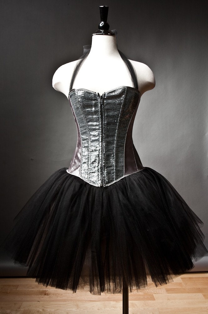 Custom Size silver and black Burlesque sequin tutu corset prom dress