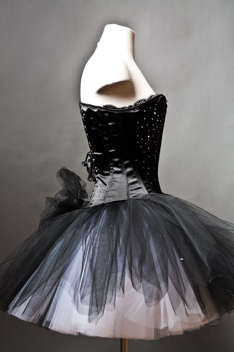 Custom Size Black and White rhinestone tulle Burlesque Corset Prom Dress