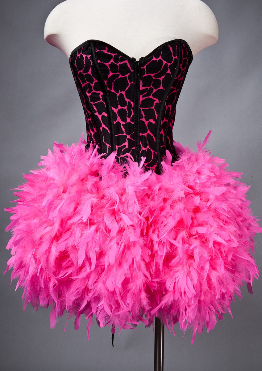 Size Small Hot Pink and Black Animal print corset with full Hot Pink feather skirt Ready to Ship