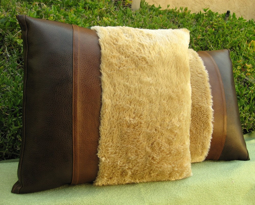 Pair of 18in Daniel Style Throw Pillow Covers With Leather and Fur
