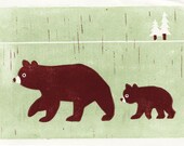 BEARS hand-pulled linocut block print 5 x 7