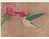 ANNA'S HUMMINGBIRD linocut reproduction illustration art print