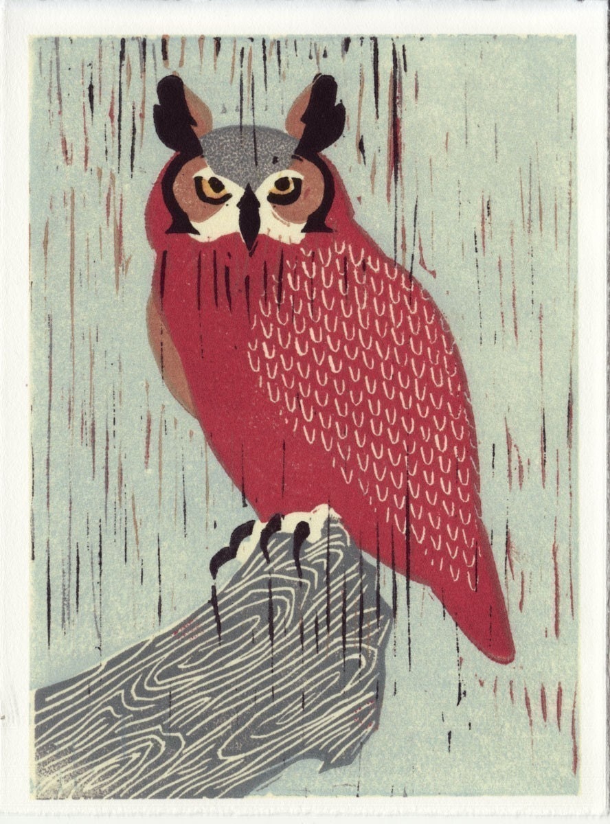 GREAT HORNED OWL linocut reproduction block print