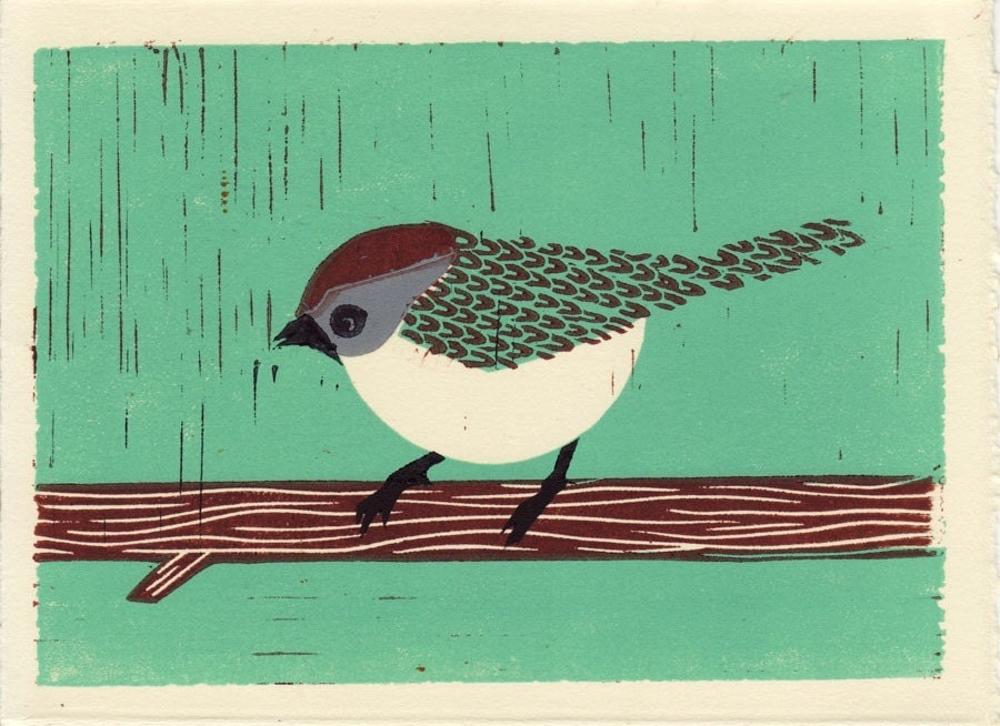 BUSHTIT bird illustration linocut block art print, blue, blue green, brown, 5 x 7, handmade, hand carved, branch, feather