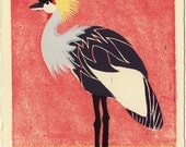 Tropical African Crowned CRANE Hand-pulled Linocut Bird Art Print for wall and room decor, red, yellow, gray. grey, black