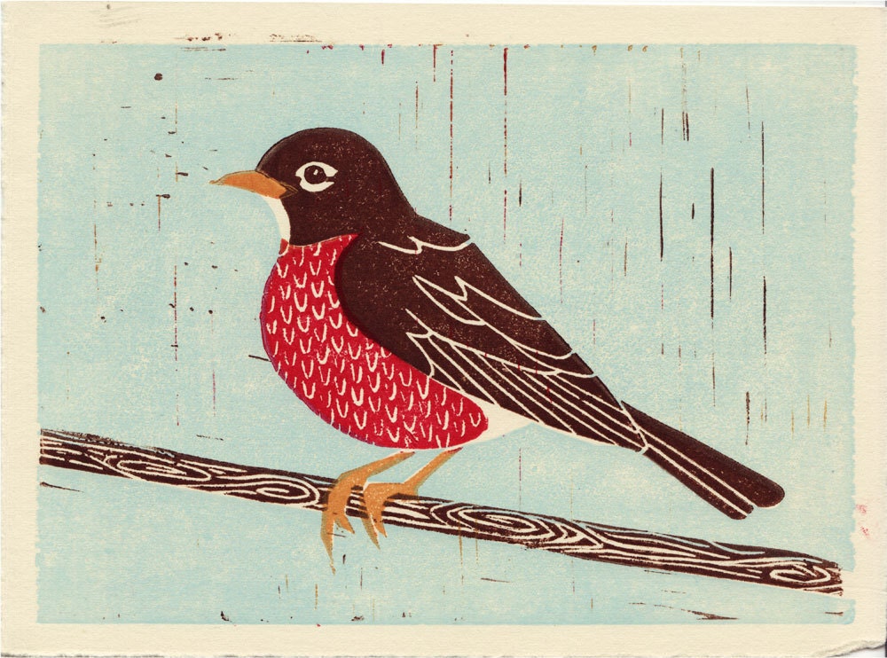 Spring Robin handpulled linocut block art print