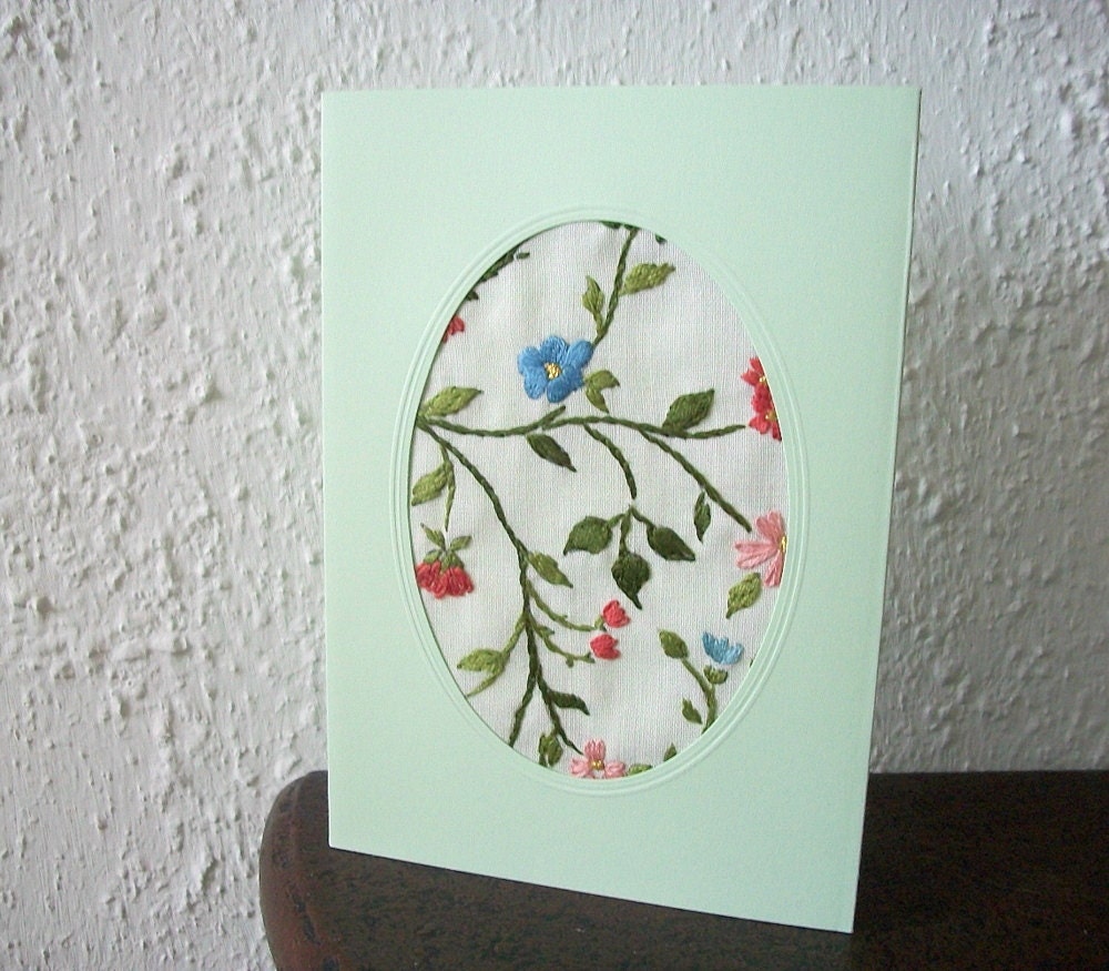 Hand Embroidered Greeting Card or Wall Hanging Flowers and Branches One of a Kind Fiber Art