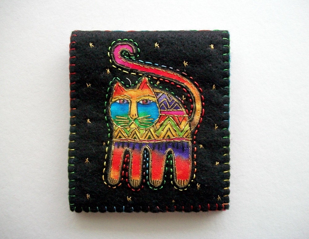 Needle Book Black Felt with Laurel Burch Cat Applique Handsewn