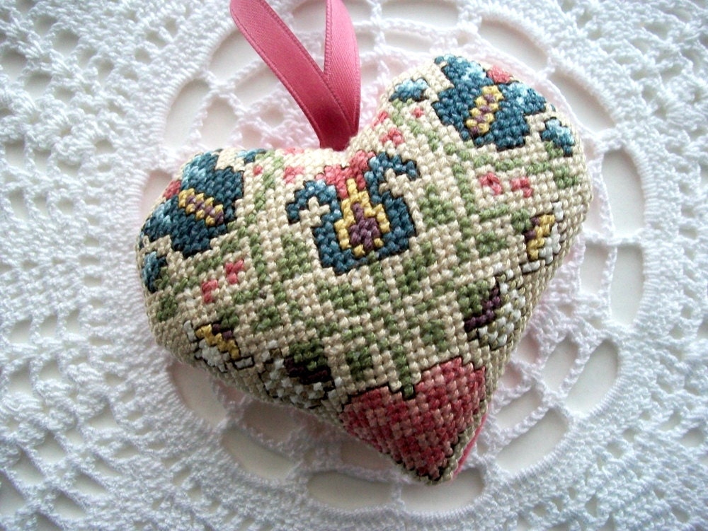 Folk Art Heart Wall Hanging One of a Kind Pincushion Home Decoration Hand Embroidered Hand Sewn