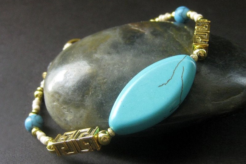 Turquoise Gemstone Bracelet with Aztec Beads. Handmade Artisan Jewelry by Gilliauna