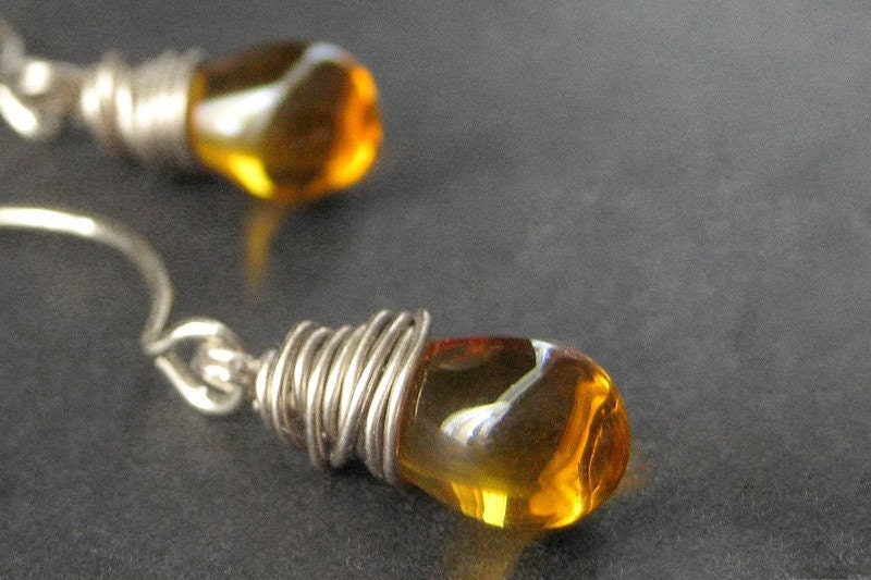 Amber Earrings. Glass Earrings. Dangle Earrings. Wire Wrapped Drop Earrings in Silver - Elixir of Honey Handmade Earrings.