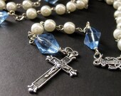Holy Rosary in White Pearls and Blue Glass. Winterlight. Handmade Rosary.
