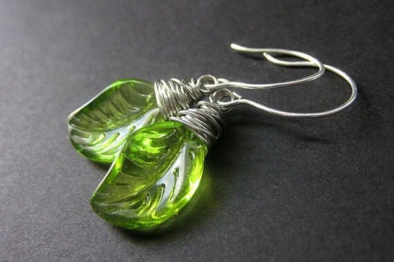 Green Leaf Earrings Wire Wrapped in Silver. Handmade by Gilliauna