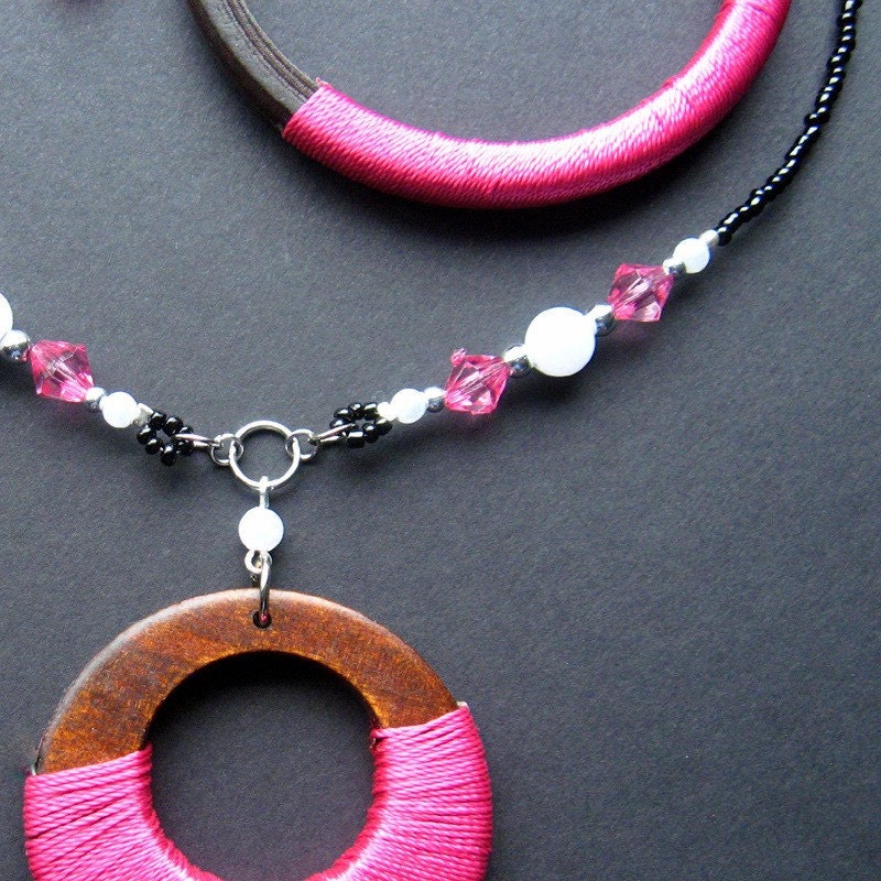 Wood Necklace, Bangle Bracelet, Set, Pink Fiber Wrapped. Handmade Artisan Jewelry by Gilliauna
