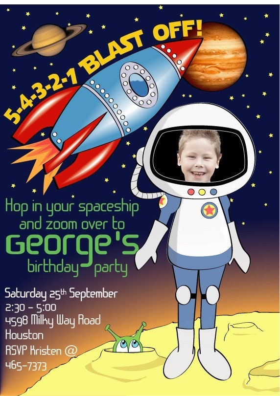Space man rocket Birthday Party Invitation DIGITAL FILE Personalized with photo