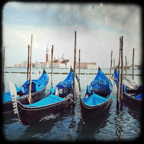 Gondolas through the viewfinder 8x8 TTV Travel Photography Europe Italy Venice home decor wedding gift romantic gondola royal blue charcoal