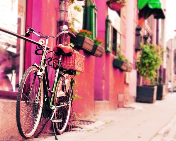 Fine Art Travel Photography 5x7 (13x18cm) Dreamy Ride - bike bicycle european city street home decor pastel raspberry purple green