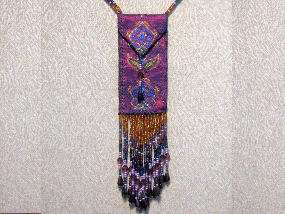 Amulet Bag Necklace Containing Glass Vial - Beaded Fringe