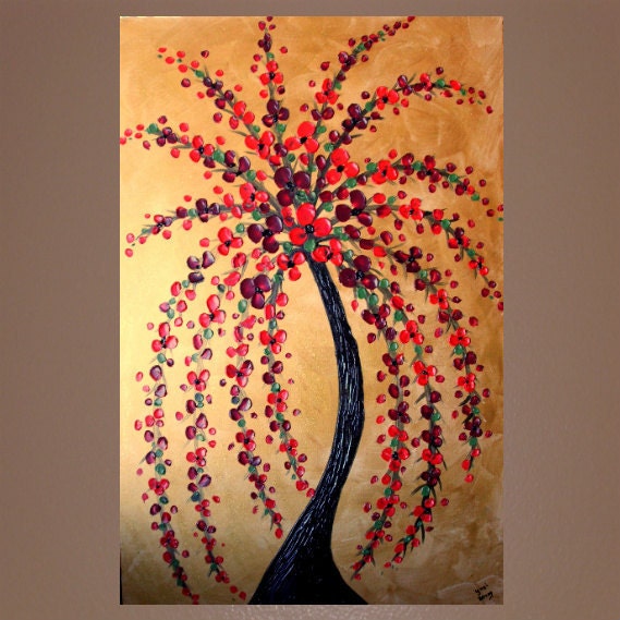 Red Tree Painting Textured Original Painting on Golden Canvas 36x24 Wall Art Painting Home Decor
