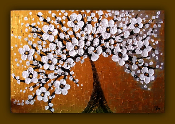 Reserved for Mary--White Tree Painting, Silver and Gold Textured Original Painting on Canvas 36x24 Wall Art