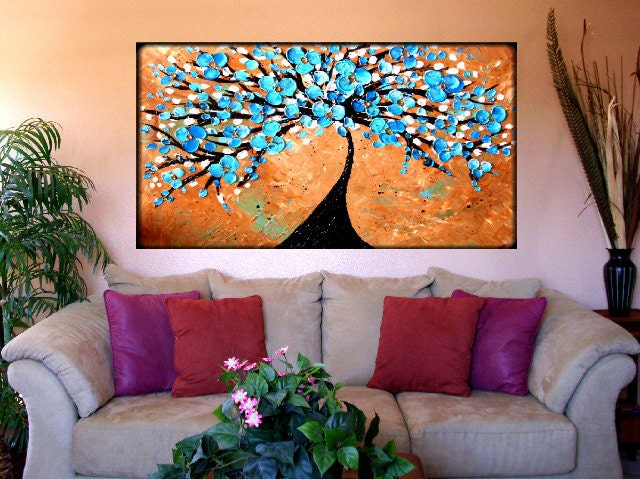 On Sale Blue Tree Painting, Blue Flower Painting, Textured Tan and Blue Wall Art Painting on Canvas 36x24