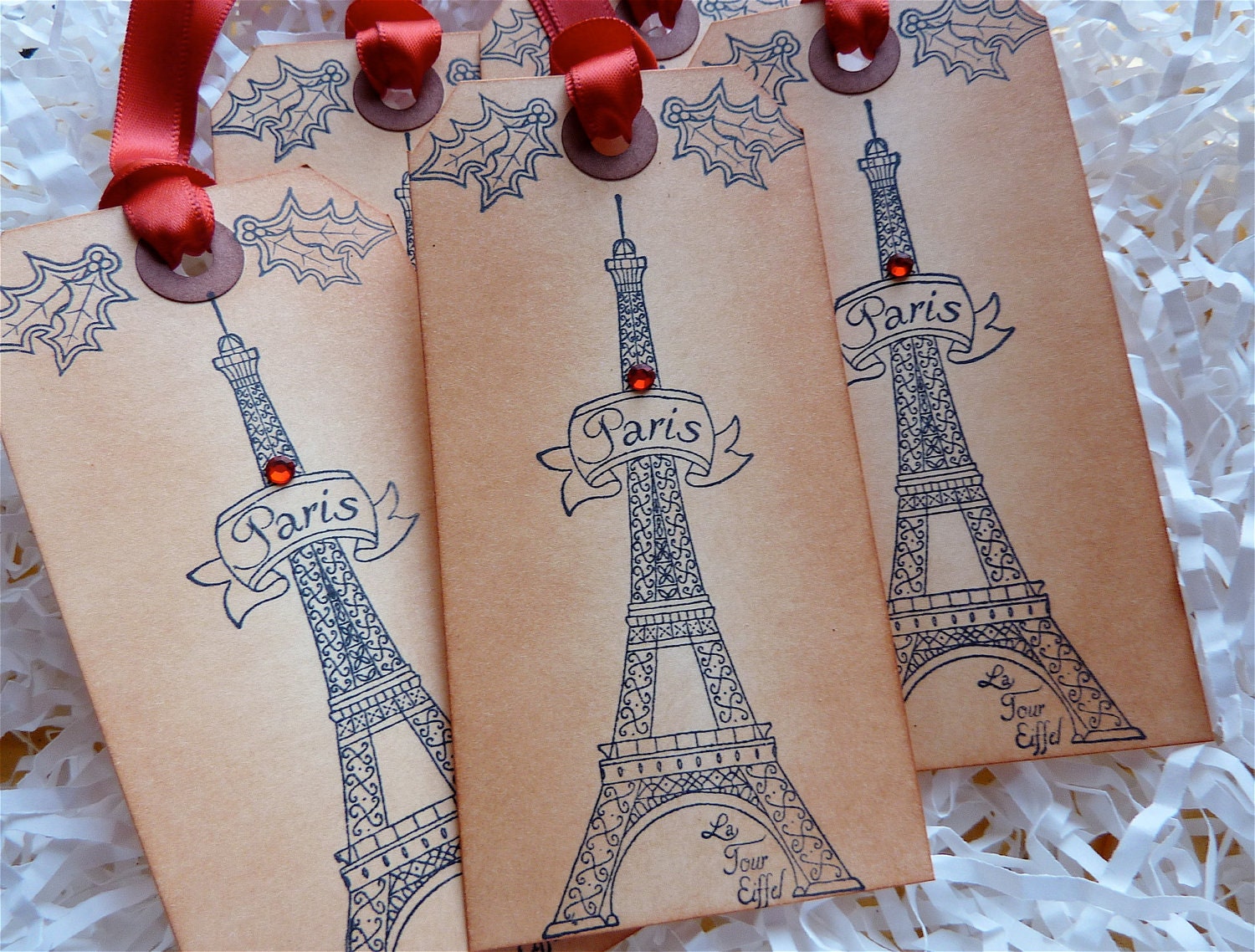 Christmas In Paris Eiffel Tower Vintage Style Swarovski Tags Set Of Five