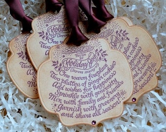 Recipe Holiday Joy Luxury Tags Label Vintage Style with Swarovski Set of Five