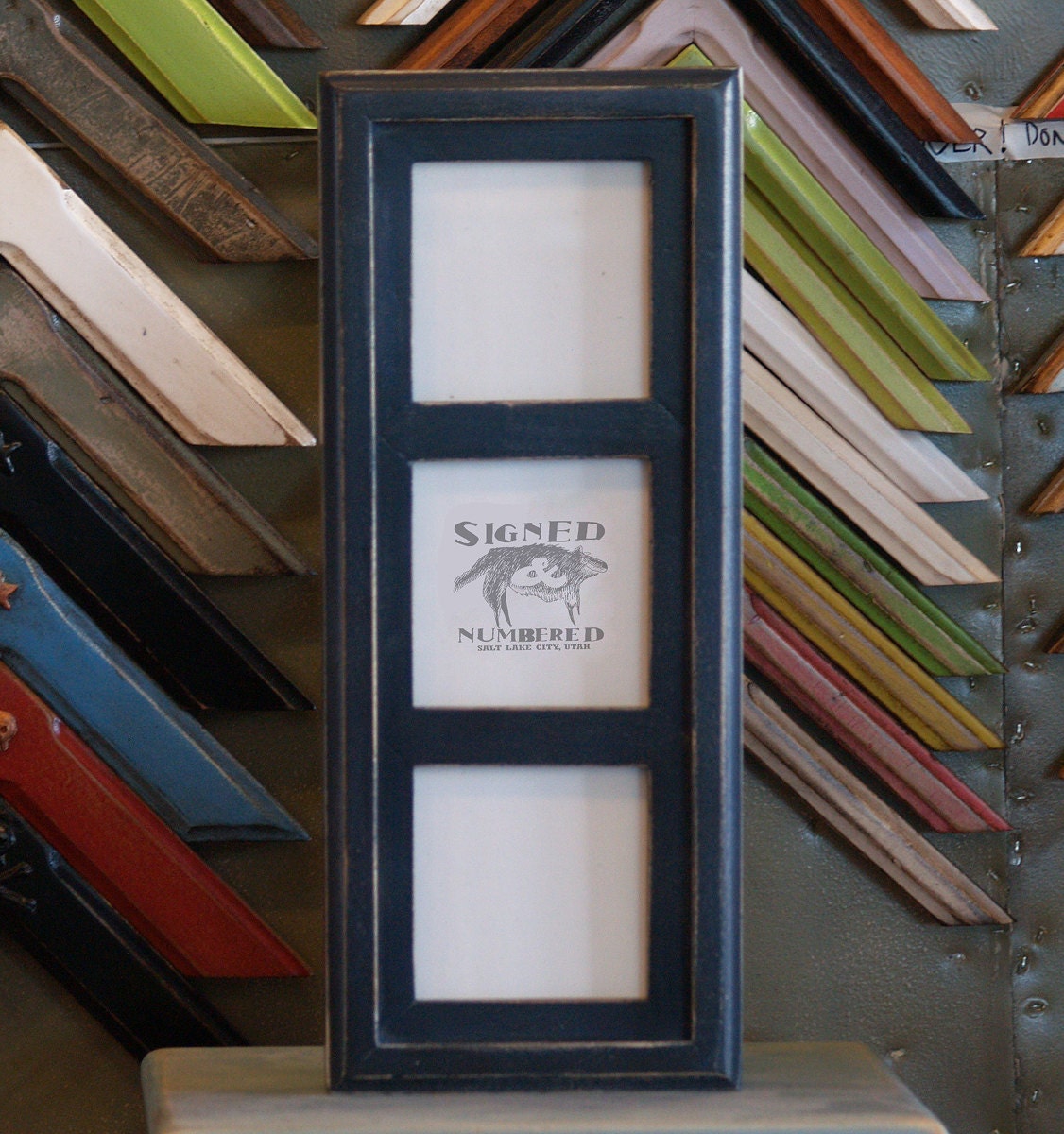 Triptych Frame for (3) 5x5 Square Photos in Outside Cove Build Up Style with Vintage Navy Blue Finish