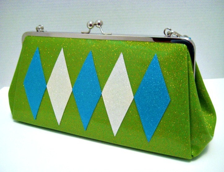 Glitter Vinyl Purse - Green with Sky Blue and White Retro Diamonds - Rockabilly Sparkle Vinyl Handbag