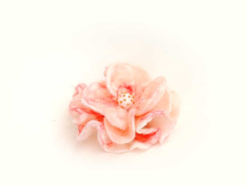 Felted pin  flower peony white with baby pink salmon coral