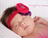 Boutique Style Baby Couture Chiffon Flower Headband Set - HOT PINK and PURPLE  with Feathers
