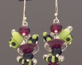 Earrings of handmade lampwork glass beads and recycled silver, Fun Clusters in Watermelon- colorful lime green, black, and magenta pink