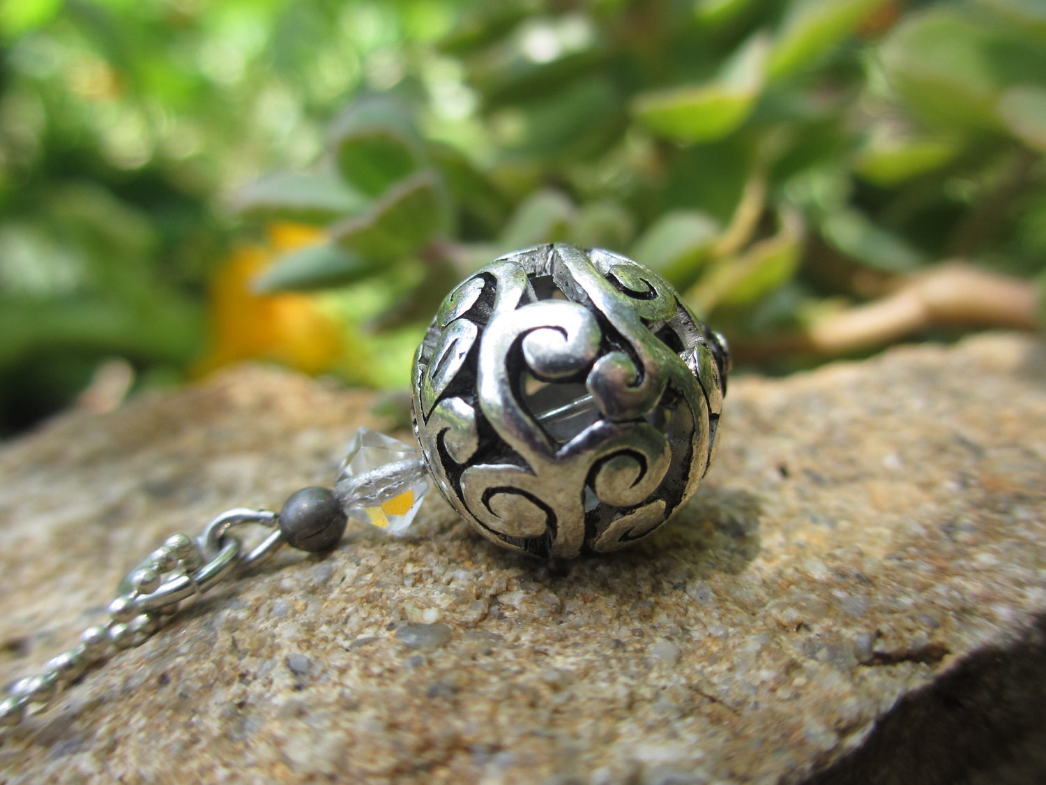 Fruits of the Vine Necklace -- Beautiful Small Pendant including Silver Filigree Beads w Vintage Crystals, Sterling & Antique Brass Accents