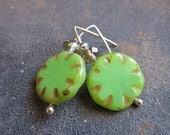 Key Lime Tart Earrings -- Hand-Polished Czech Glass Disks w Aurora Borealis Crystals & Hand-Made Argentium Ear Wires // Hurricane Relief