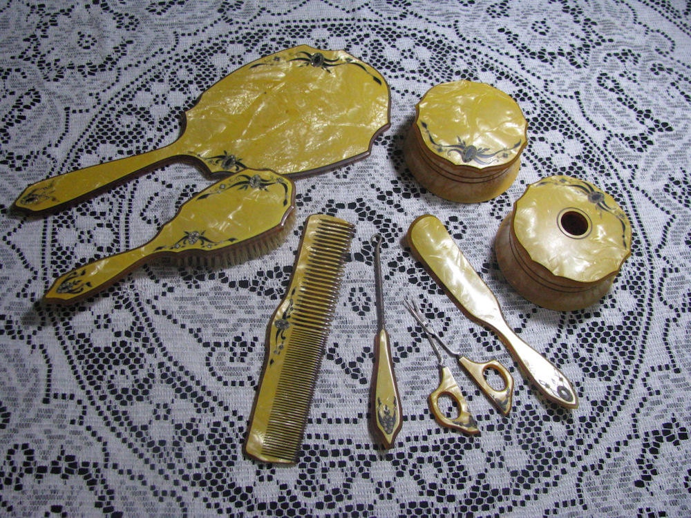 SALE Antique Vintage 7 Piece Vanity Set Mirror Brush Comb Powder Box Shoe Hook Shoe Horn Rhinestones Bakelite
