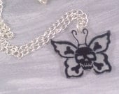 Skull and Hearts Butterfly Acrylic Pendant on Silver plated Chain Necklace