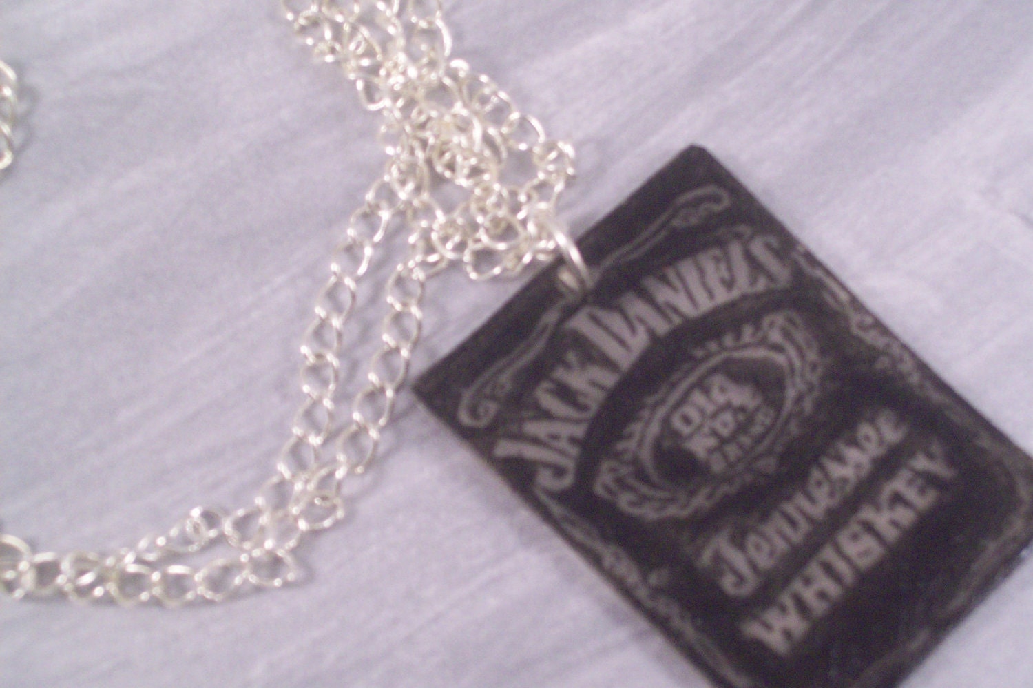Jack Daniels Shrinky Dink Charm Pendant on Silver plated chain Necklace