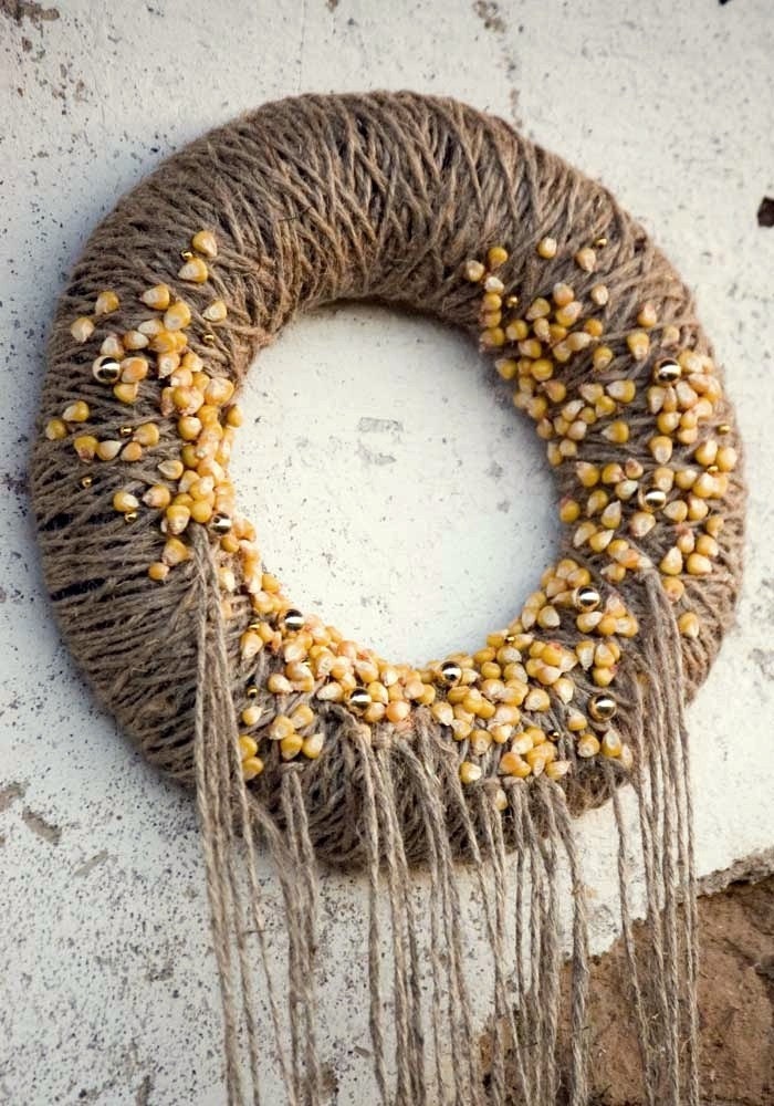 Yarn wreath, door wreath, grey, gray, maize yellow, gold - Golden autumn