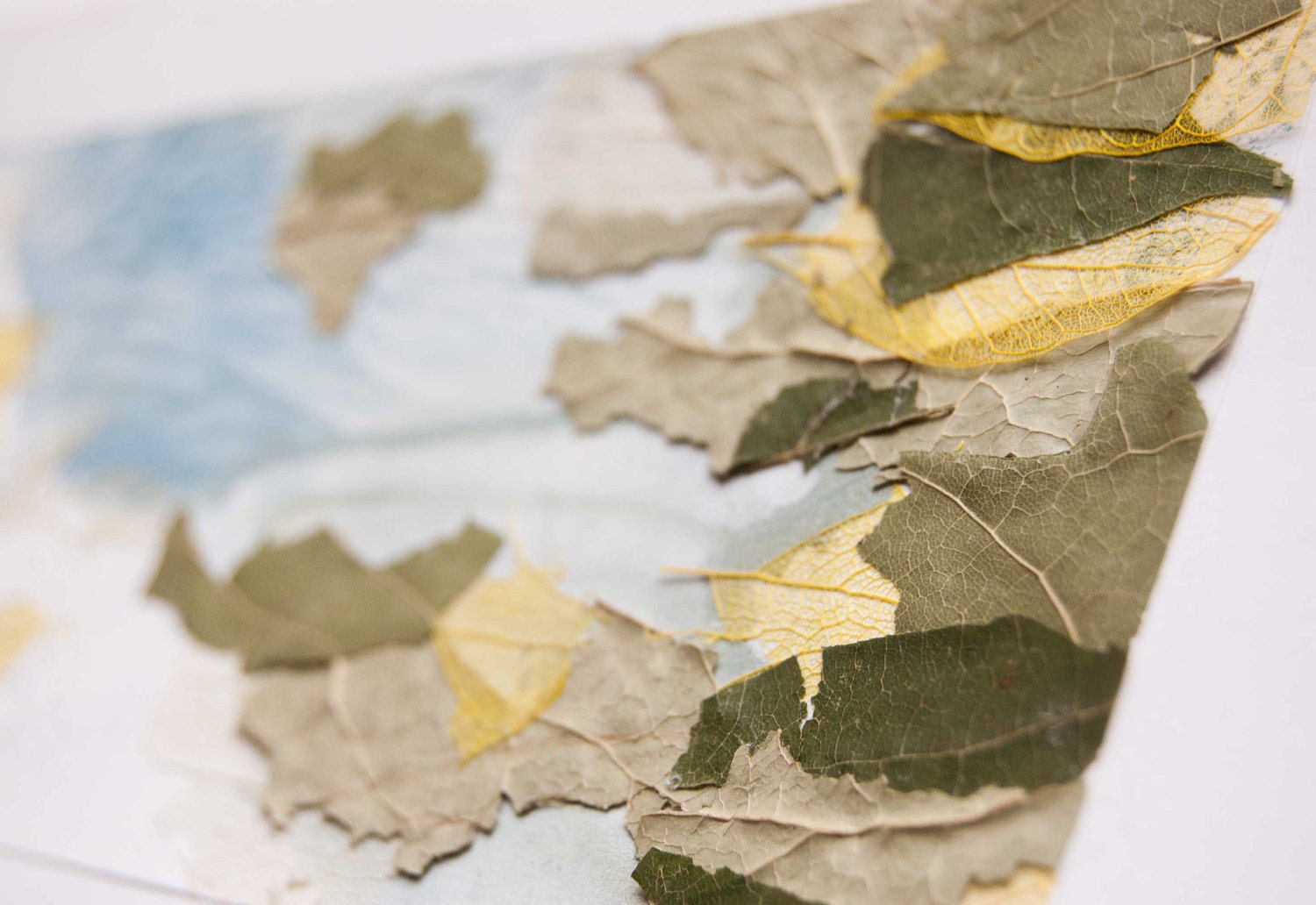 Ecofriendly greeting card - Pressed flowers art collage  -blue,  yellow,  shades of green,  leaves - Handmade greeting card, style  No.16