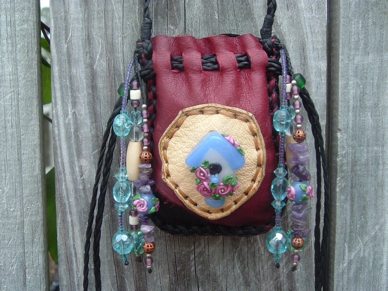 MEDICINE BAG with a Beautiful handmade glass Lamp Work bird house peice on the front (((SALE)))