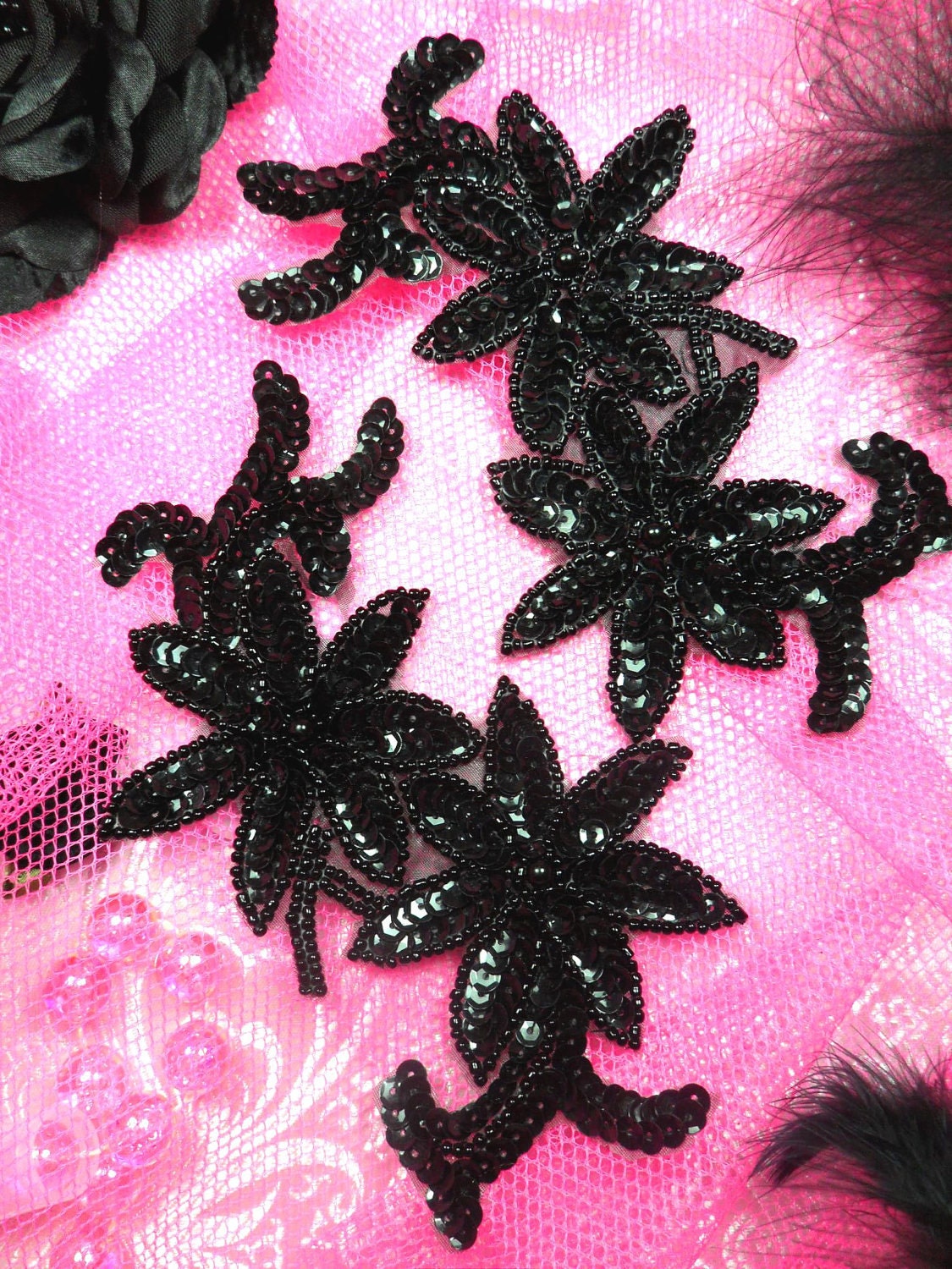 0505 Black Mirror Pair Beaded Sequin Appliques 6 Sewing