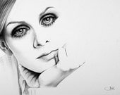 Twiggy Pencil Drawing Fine Art Portrait Vintage Glamour Beauty Fashion 1960s Swinging Sixties Mod PRINT Hand Signed