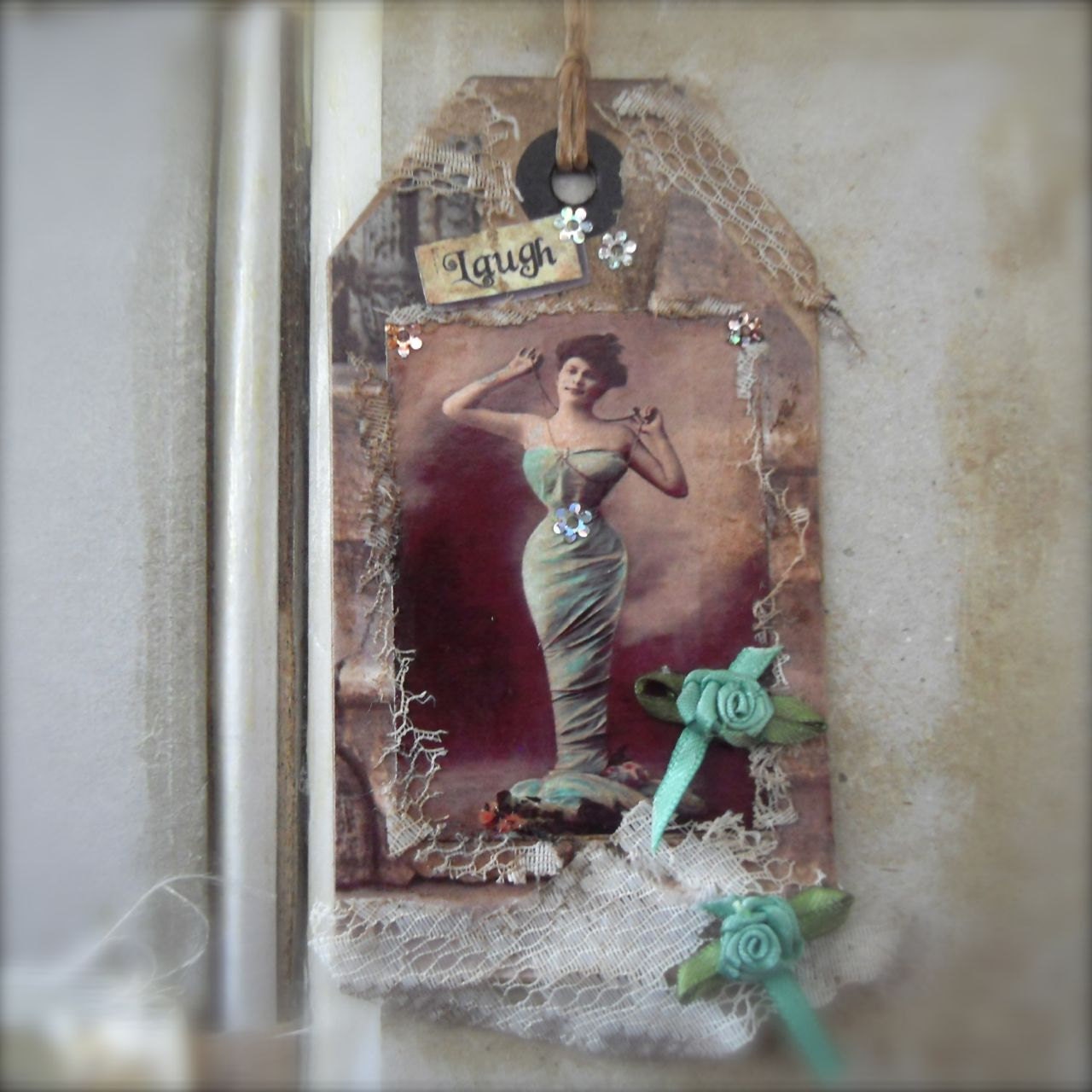 Gift Art Tag Mixed Media Collage Grungy Vintage Inspired Inspirational Bookmark - Laugh