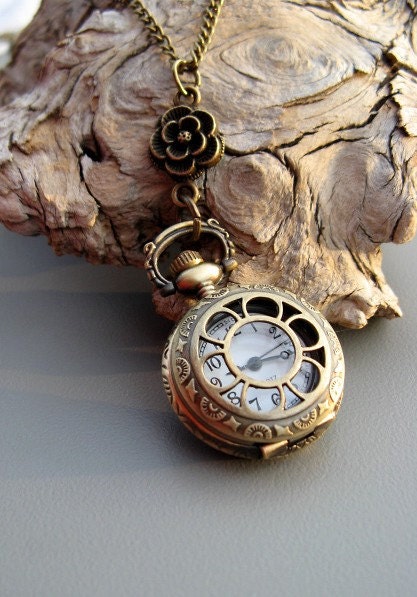 Antique Bronze Floral Pocket Watch Locket Pendant with Cultured Pearl Necklace - Watch Necklace